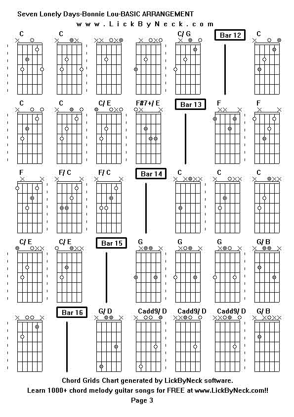 Chord Grids Chart of chord melody fingerstyle guitar song-Seven Lonely Days-Bonnie Lou-BASIC ARRANGEMENT,generated by LickByNeck software.